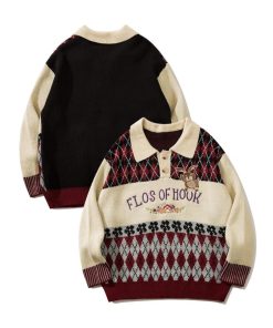 HOOK -original- 古着風 レトロ調うさぎ刺繍配色アーガイル柄ポロ襟ニット