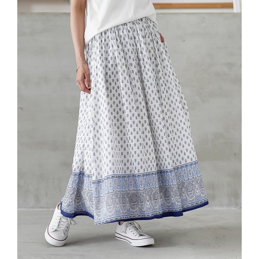 osharewalker フレアスカート ロング レディース ボトムス パネル柄 裏地付き ポケット ウエストゴム コットン100% 薄手 カジュアル きれいめ 春 夏「メール便不可」「20」 - 画像 (2)