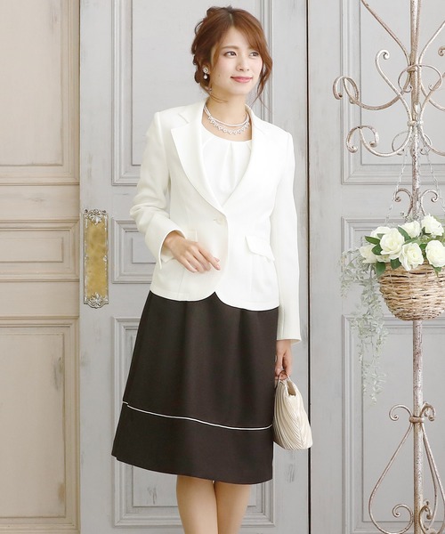 PourVous セットアップ フレアテーラードジャケット&大きいサイズバイカラーワンピースフォーマル入学式対応 七五三 ママ セレモニー 入園式 卒園式 - 画像 (3)