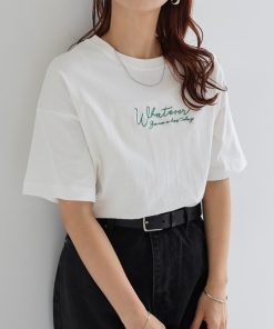 andme tシャツ コットン天竺エンブロイダリーロゴ半袖Tシャツ レディース