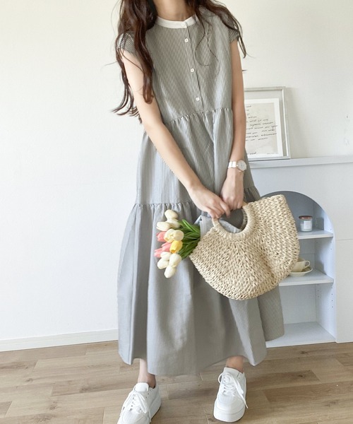 classicalelf ワンピース 360度きゅんっ。夏っぽサッカー生地でさらり。バックリボン ティアードワンピース - 画像 (3)