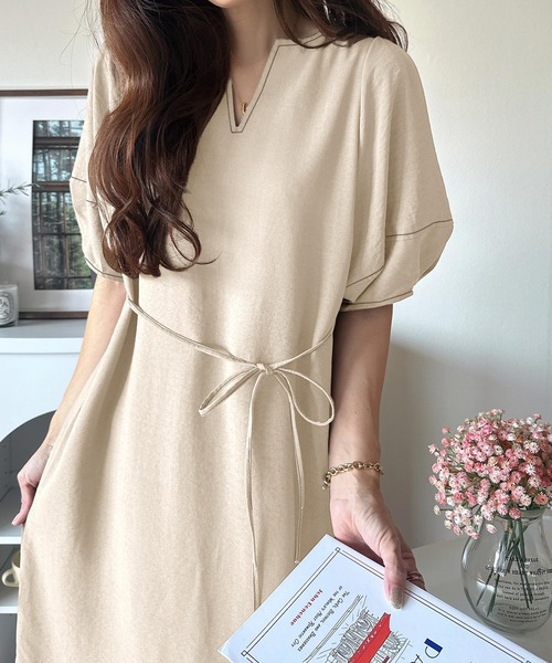 classicalelf ワンピース 自然体で1枚さらり。夏 使える 前後2way 配色ステッチランタンスリーブワンピース - 画像 (4)