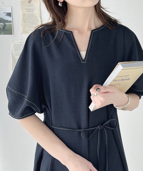 classicalelf ワンピース 自然体で1枚さらり。夏 使える 前後2way 配色ステッチランタンスリーブワンピース - 画像 (5)