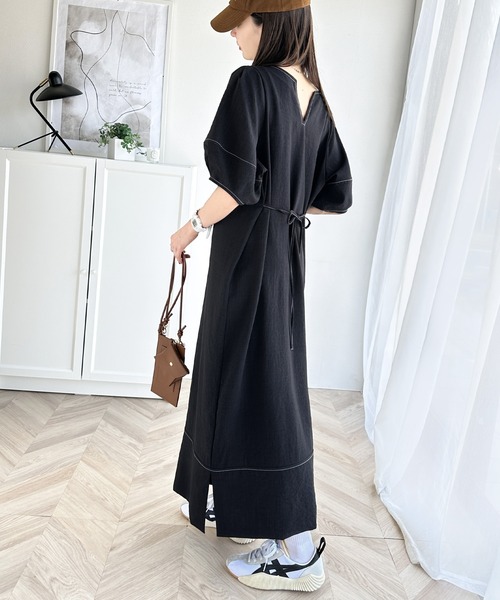 classicalelf ワンピース 自然体で1枚さらり。夏 使える 前後2way 配色ステッチランタンスリーブワンピース - 画像 (9)