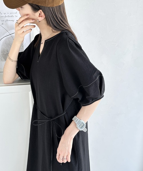 classicalelf ワンピース 自然体で1枚さらり。夏 使える 前後2way 配色ステッチランタンスリーブワンピース - 画像 (8)