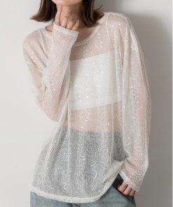 ad thie tシャツ スパンコール付き オーバーシルエットメッシュプルオーバー レディース