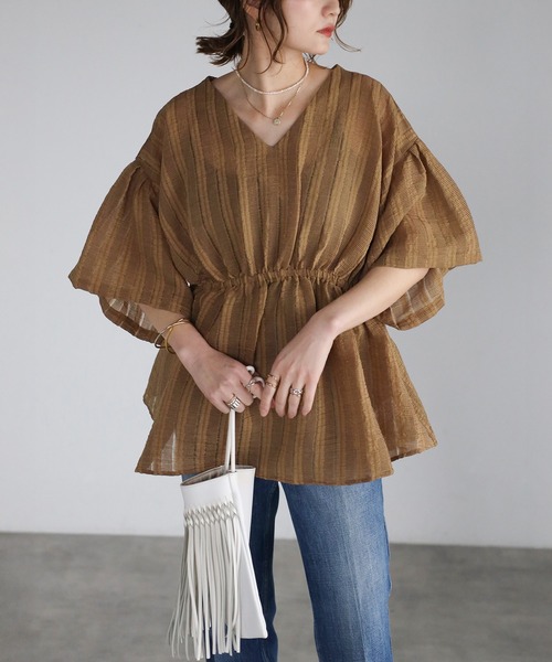 Bonjour Sagan ブラウス シャツ シアーストライプフレアチュニック レディース - 画像 (3)