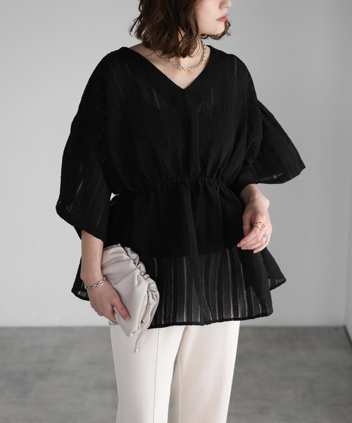 Bonjour Sagan ブラウス シャツ シアーストライプフレアチュニック レディース - 画像 (2)