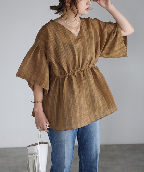 Bonjour Sagan ブラウス シャツ シアーストライプフレアチュニック レディース - 画像 (4)