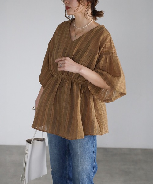 Bonjour Sagan ブラウス シャツ シアーストライプフレアチュニック レディース - 画像 (5)