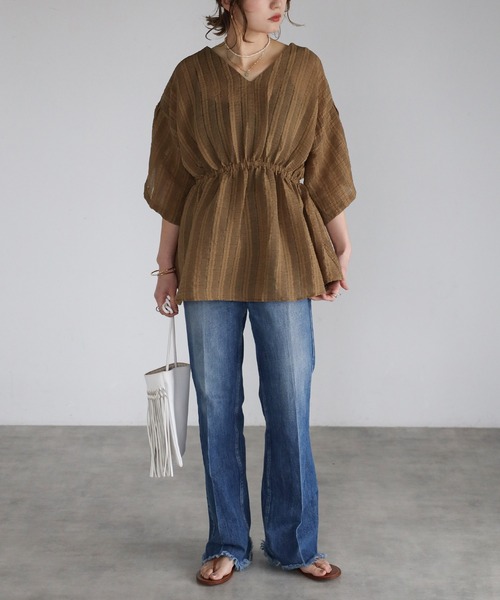 Bonjour Sagan ブラウス シャツ シアーストライプフレアチュニック レディース - 画像 (7)