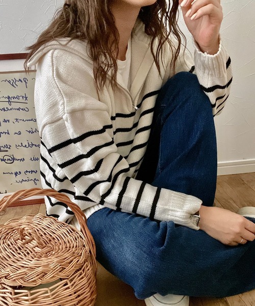 andme 「andme」 「alma design」長袖ニット M ホワイト×ブラック レディース