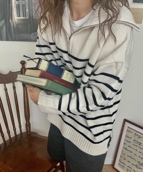 andme 「andme」 「alma design」長袖ニット M ホワイト×ブラック レディース - 画像 (3)