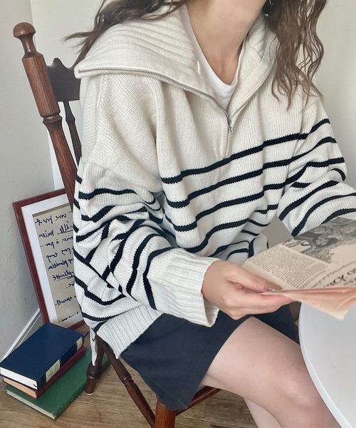 andme 「andme」 「alma design」長袖ニット M ホワイト×ブラック レディース - 画像 (4)