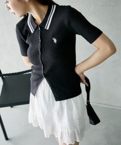 U.S. POLO ASSN. 「U.S. ASSN.」 半袖ニット フリ- チャコールグレー レディース