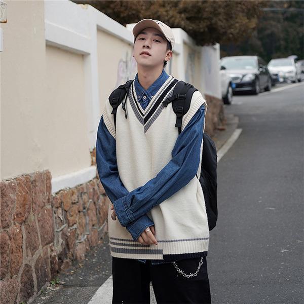 ニット メンズ 春秋 チョッキ ス アウター カレッジスタイル Vネック 重ね着 単品 カジュアル ビッグシルエット コーデ ゆったり 柄