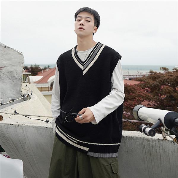 ニット メンズ 春秋 チョッキ ス アウター カレッジスタイル Vネック 重ね着 単品 カジュアル ビッグシルエット コーデ ゆったり 柄 - 画像 (2)