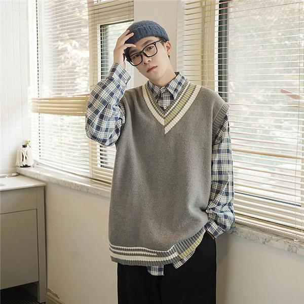 ニット メンズ 春秋 チョッキ ス アウター カレッジスタイル Vネック 重ね着 単品 カジュアル ビッグシルエット コーデ ゆったり 柄 - 画像 (3)