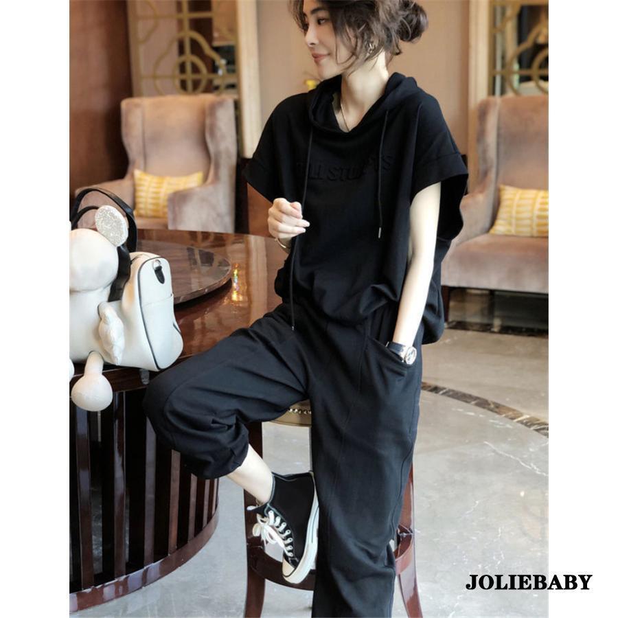 【大特価】セットアップ ジャージ レディース パーカー フード付き 半袖 ス ロングパンツ 上下セット スウェットパンツ 運動服 スポーツ ジム 春夏 秋 - 画像 (5)