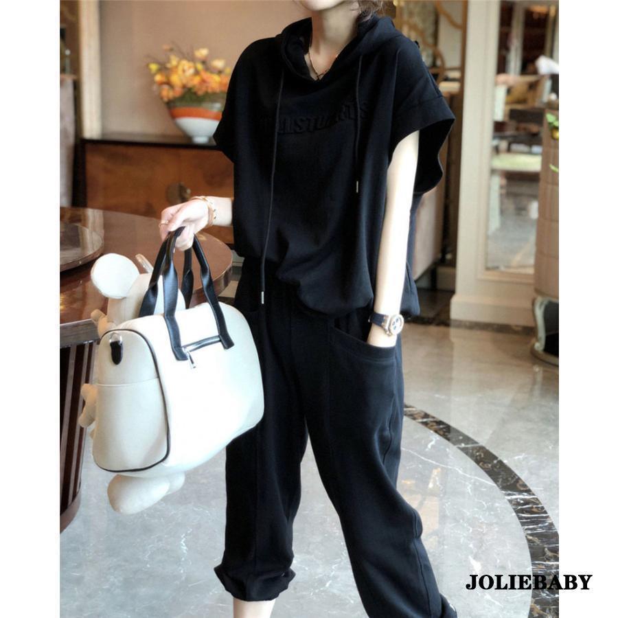 【大特価】セットアップ ジャージ レディース パーカー フード付き 半袖 ス ロングパンツ 上下セット スウェットパンツ 運動服 スポーツ ジム 春夏 秋 - 画像 (9)