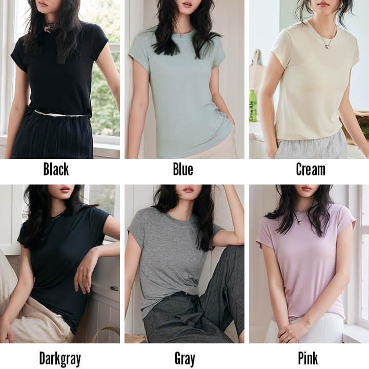 You Color レディース 半袖 Tシャツ 三分袖 トップス カジュアル 春 夏 丸首 クルーネック すっきり 上品 華奢見え シンプル 無地 大人カジュアル 軽い rt9962 - 画像 (2)