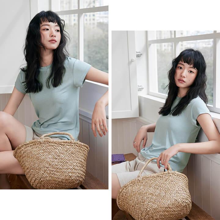 You Color レディース 半袖 Tシャツ 三分袖 トップス カジュアル 春 夏 丸首 クルーネック すっきり 上品 華奢見え シンプル 無地 大人カジュアル 軽い rt9962 - 画像 (8)