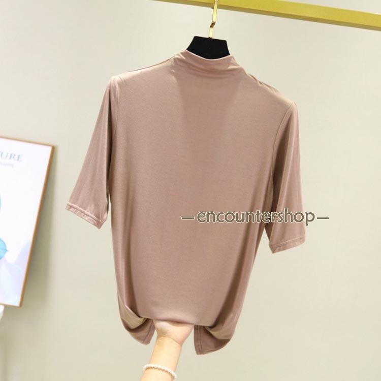 Tシャツ ハイネック 接触冷感 春夏 半袖 涼しい 5分袖 トップス ゴルフ カジュアル レディース 無地 カットソー シンプル 伸縮性 大