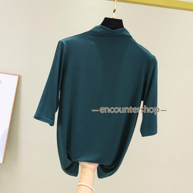 Tシャツ ハイネック 接触冷感 春夏 半袖 涼しい 5分袖 トップス ゴルフ カジュアル レディース 無地 カットソー シンプル 伸縮性 大 - 画像 (2)