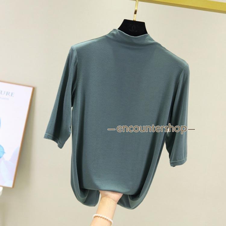 Tシャツ ハイネック 接触冷感 春夏 半袖 涼しい 5分袖 トップス ゴルフ カジュアル レディース 無地 カットソー シンプル 伸縮性 大 - 画像 (3)