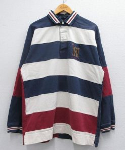 TOMMY HILFIGER L/古着 トミーヒルフィガー 長袖 ブランド ラガー シャツ メンズ 90s ビッグロゴ コットン 紺他 ネイビー ボーダー spe 25fe
