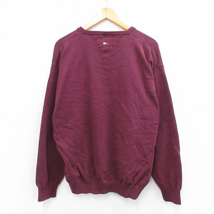 TOMMY HILFIGER XL/古着 トミーヒルフィガー 長袖 ブランド セーター メンズ 90s ワンポイントロゴ ゴルフ コットン Vネック エンジ 25sep27 中古 ニット