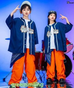 紺色 ベースボールシャツ オレンジ カーゴパンツ キッズダンス衣装 セットアップ 半袖 トップス ゆったり tシャツ 男の子 女の子 韓国 ダンス衣装 k-pop ジャズ