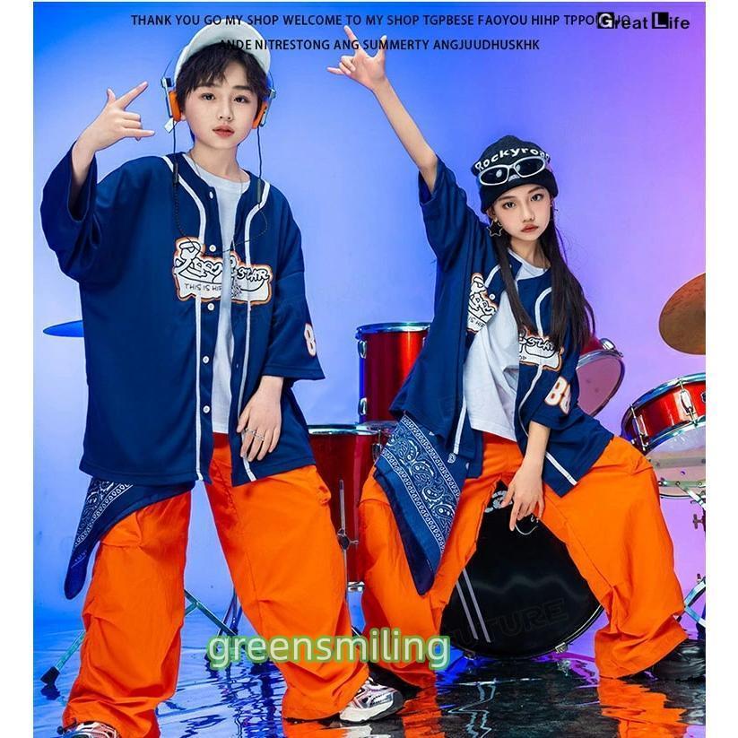 紺色 ベースボールシャツ オレンジ カーゴパンツ キッズダンス衣装 セットアップ 半袖 トップス ゆったり tシャツ 男の子 女の子 韓国 ダンス衣装 k-pop ジャズ - 画像 (3)