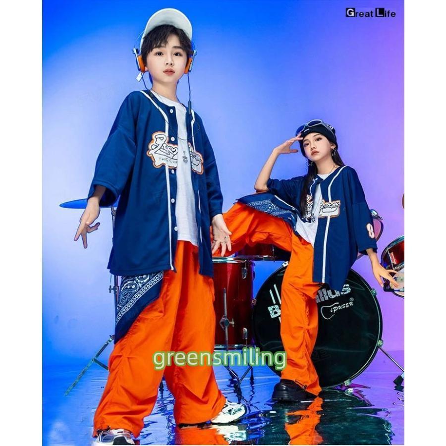 紺色 ベースボールシャツ オレンジ カーゴパンツ キッズダンス衣装 セットアップ 半袖 トップス ゆったり tシャツ 男の子 女の子 韓国 ダンス衣装 k-pop ジャズ - 画像 (4)