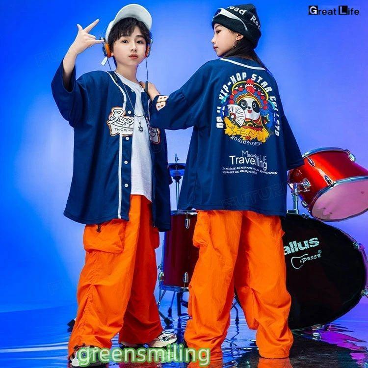 紺色 ベースボールシャツ オレンジ カーゴパンツ キッズダンス衣装 セットアップ 半袖 トップス ゆったり tシャツ 男の子 女の子 韓国 ダンス衣装 k-pop ジャズ - 画像 (5)