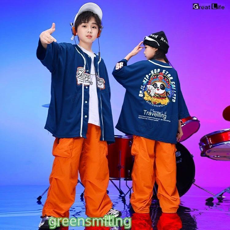 紺色 ベースボールシャツ オレンジ カーゴパンツ キッズダンス衣装 セットアップ 半袖 トップス ゆったり tシャツ 男の子 女の子 韓国 ダンス衣装 k-pop ジャズ - 画像 (6)