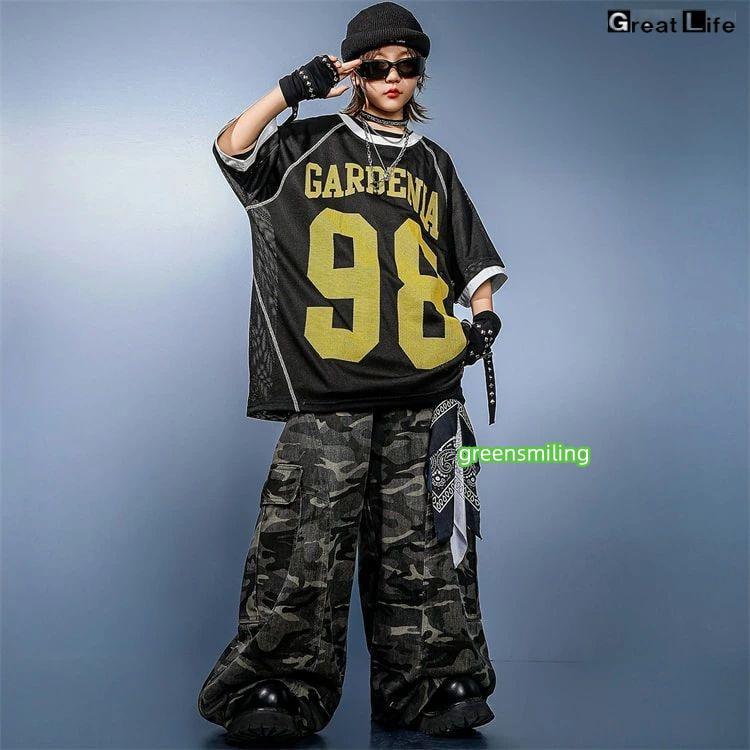 柄 HIPHOP 練習着 ダンス衣装 キッズ 小学生 女の子 男の子 ダンス 衣装 ヒップホップ バスケウェア グレー ズボン かっこいい 黒 Tシャツ 子供