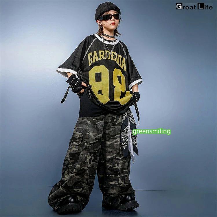 柄 HIPHOP 練習着 ダンス衣装 キッズ 小学生 女の子 男の子 ダンス 衣装 ヒップホップ バスケウェア グレー ズボン かっこいい 黒 Tシャツ 子供 - 画像 (2)