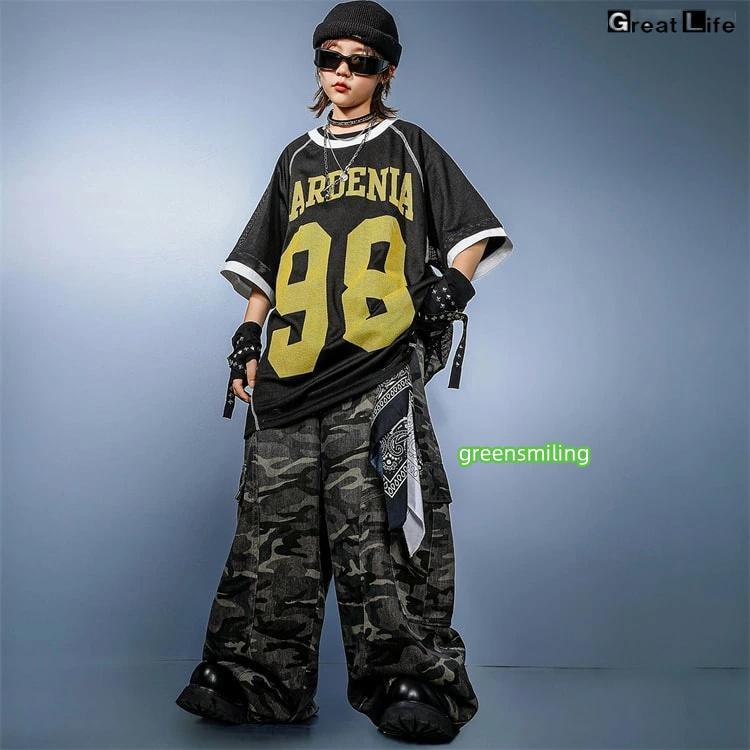 柄 HIPHOP 練習着 ダンス衣装 キッズ 小学生 女の子 男の子 ダンス 衣装 ヒップホップ バスケウェア グレー ズボン かっこいい 黒 Tシャツ 子供 - 画像 (3)