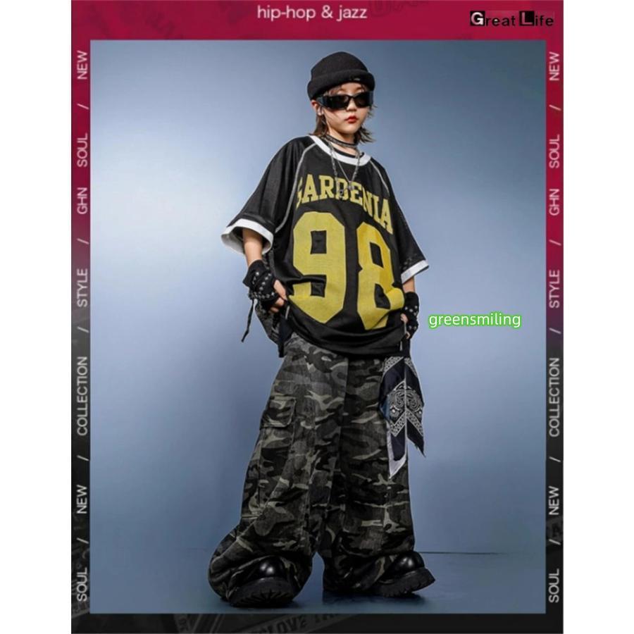 柄 HIPHOP 練習着 ダンス衣装 キッズ 小学生 女の子 男の子 ダンス 衣装 ヒップホップ バスケウェア グレー ズボン かっこいい 黒 Tシャツ 子供 - 画像 (5)