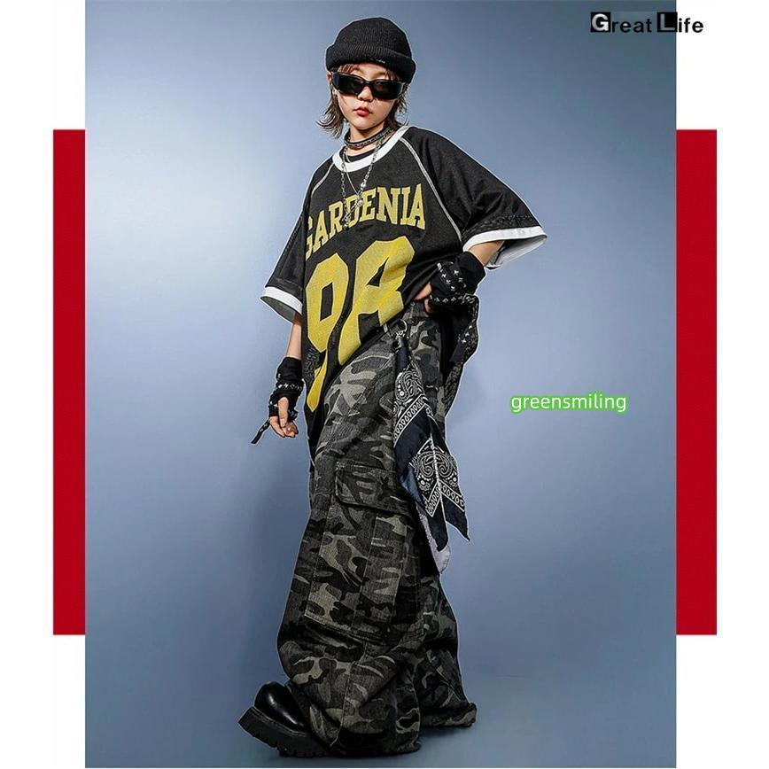 柄 HIPHOP 練習着 ダンス衣装 キッズ 小学生 女の子 男の子 ダンス 衣装 ヒップホップ バスケウェア グレー ズボン かっこいい 黒 Tシャツ 子供 - 画像 (6)