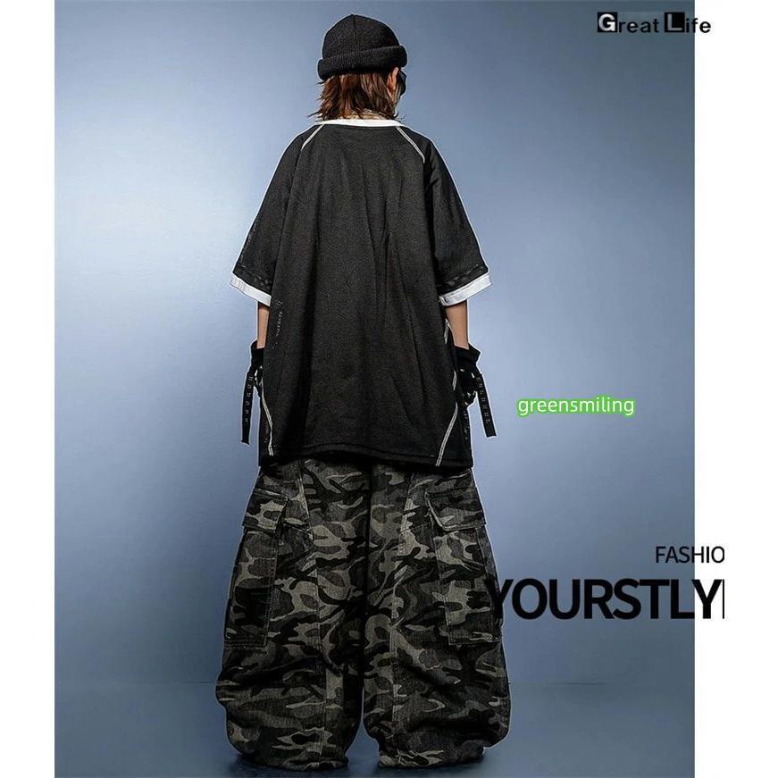 柄 HIPHOP 練習着 ダンス衣装 キッズ 小学生 女の子 男の子 ダンス 衣装 ヒップホップ バスケウェア グレー ズボン かっこいい 黒 Tシャツ 子供 - 画像 (7)