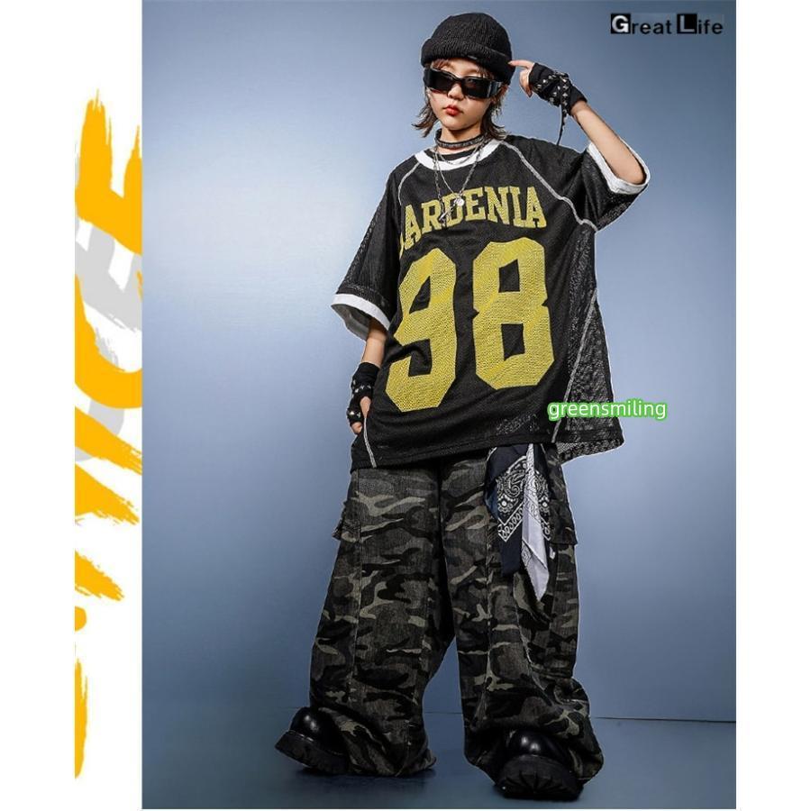 柄 HIPHOP 練習着 ダンス衣装 キッズ 小学生 女の子 男の子 ダンス 衣装 ヒップホップ バスケウェア グレー ズボン かっこいい 黒 Tシャツ 子供 - 画像 (9)