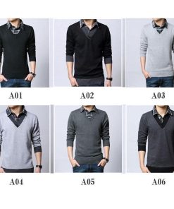 送料無料 ニットセーター メンズ フェイクレイヤード チェック柄 トップス Vネック 無地 あったか 防寒 カジュアル 通勤 厚手 シンプル 秋冬