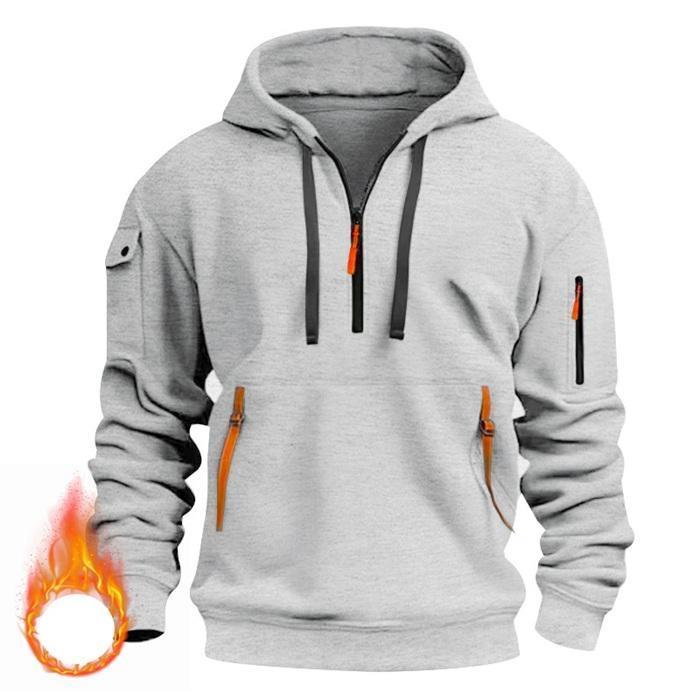 プルオーバーパーカー メンズ 裏起毛 パーカー ポケット付き 多機能 秋 冬 防寒 長袖 ハーフジップ プルオーバー フード付き - 画像 (4)