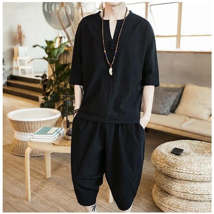 【特価】綿麻上下セット セットアップ リネン メンズ ワイドパンツ サルエルパンツ 上下 ルームウェア 半袖 薄手 Tシャツ パンツ 部屋着 - 画像 (5)