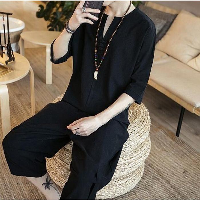 【特価】綿麻上下セット セットアップ リネン メンズ ワイドパンツ サルエルパンツ 上下 ルームウェア 半袖 薄手 Tシャツ パンツ 部屋着 - 画像 (6)