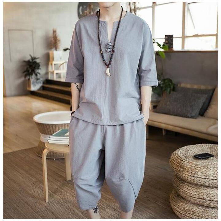 【特価】綿麻上下セット セットアップ リネン メンズ ワイドパンツ サルエルパンツ 上下 ルームウェア 半袖 薄手 Tシャツ パンツ 部屋着 - 画像 (7)