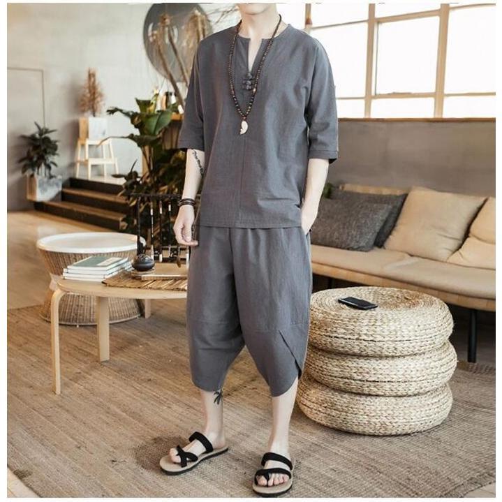 【特価】綿麻上下セット セットアップ リネン メンズ ワイドパンツ サルエルパンツ 上下 ルームウェア 半袖 薄手 Tシャツ パンツ 部屋着 - 画像 (8)