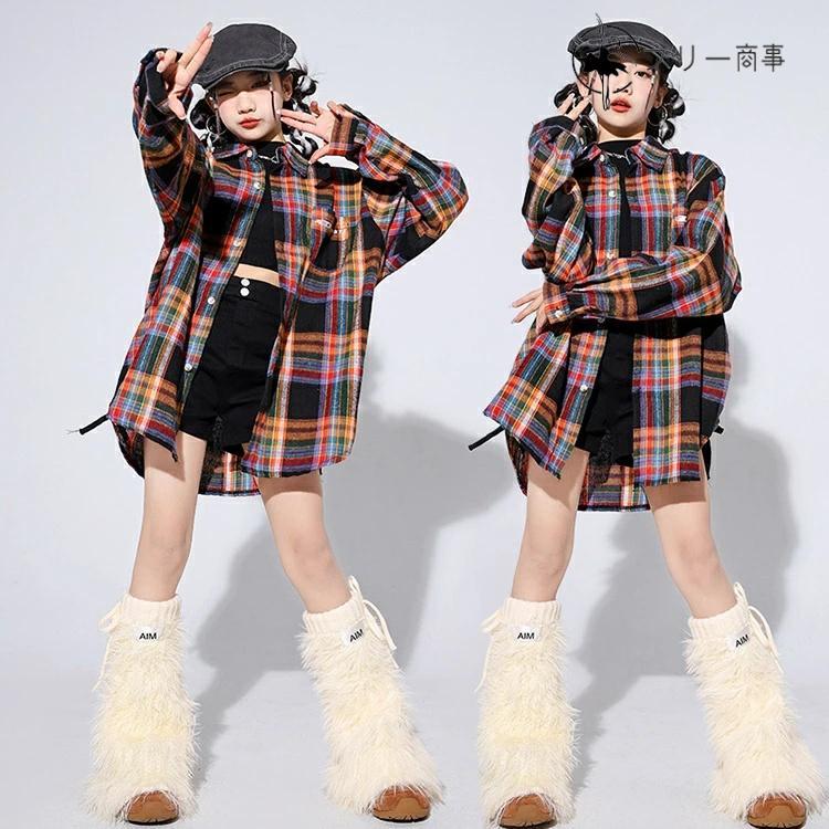 キッズダンス 衣装 レッグウォーマー ヒップホップ ストライプ y2k パンク風 格子柄 子供服 女の子 チアガール チェックシャツ 子供ダンス キッズダンス衣